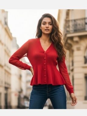 89th & Madison Button Front Cardigan Sheer Sleeves  Red Size Medium